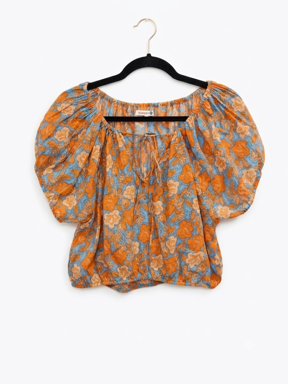 Sundry Boho Floral Puff-Sleeve Cropped Blouse